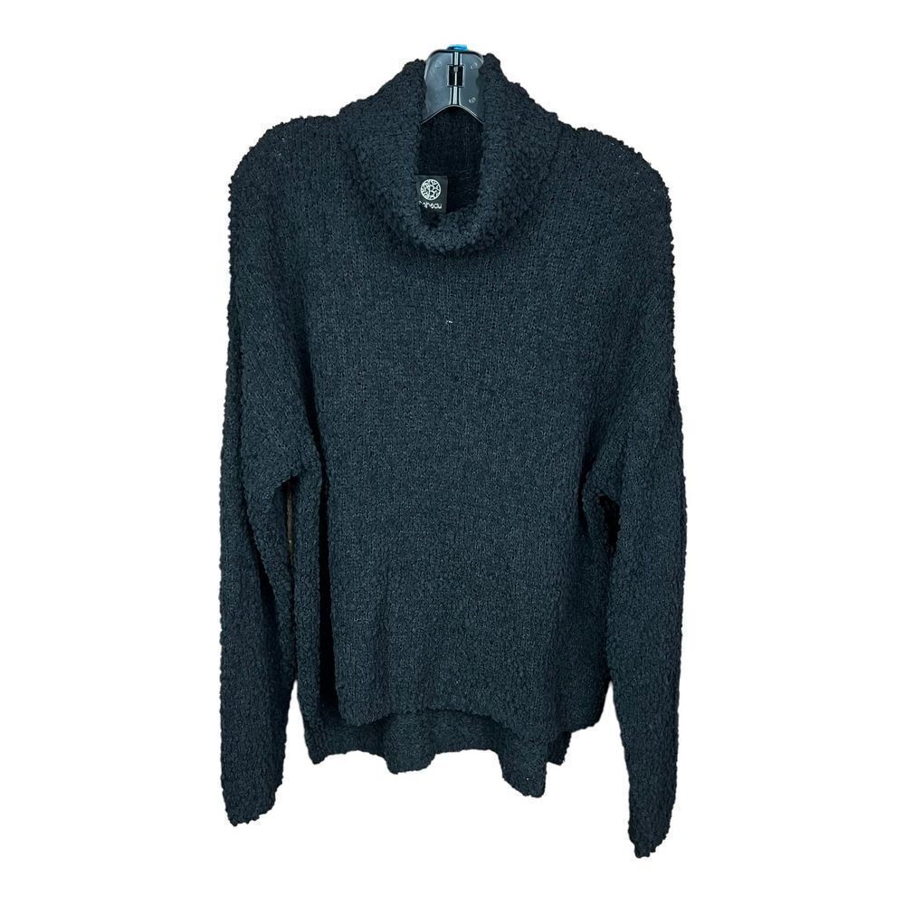 Bobeau Sweater Turtleneck Black Popcorn Knit Boucle High Low Long Sleeved Large